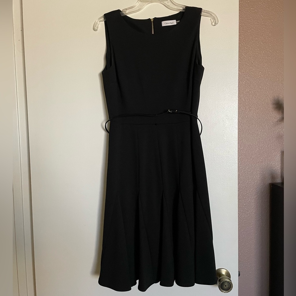 Calvin Klein Black Sleeveless Knee Length Dress with Belt